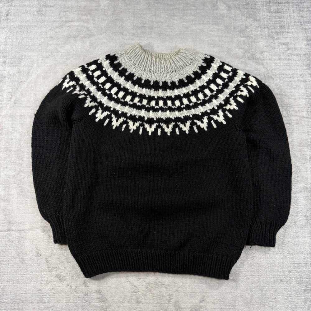 Vintage Handknit Sweater Womens Medium Black Nordic Fair Isle Chunky Knit Wool